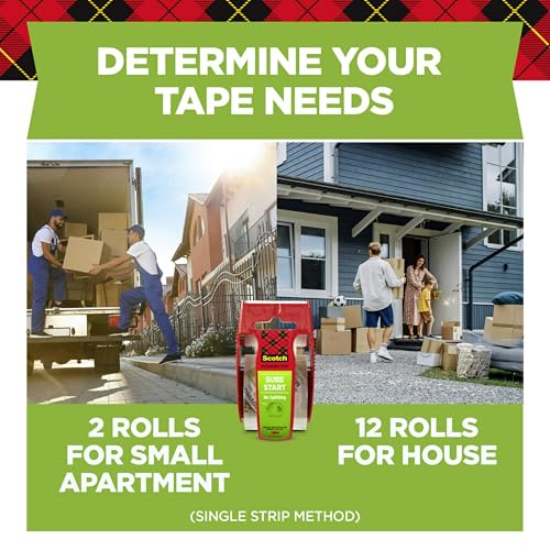 Scotch Sure Start Packing Tape, Clear, Quiet Unwind and Easy Start, Moving Supplies, 1.88 in. x 22.2 yd., 6 Tape Rolls with Dispensers