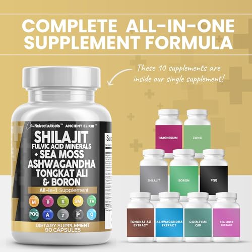 Shilajit Supplement 10,000mg with Sea Moss 6000mg, Ashwagandha 6000mg, Tongkat Ali, Boron, Magnesium - Fulvic Acid Capsules for Men - 90 Count