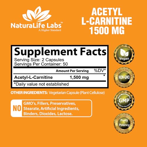 Acetyl L-Carnitine 1,500 mg High Potency Supports Natural Energy Production, Sports Nutrition, Supports Memory/Focus - 100 Veggie Capsules