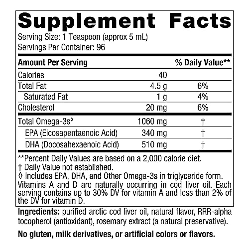 Nordic Naturals Arctic Cod Liver Oil, Orange - 16 oz - 1060 mg Total Omega-3s with EPA & DHA - Heart & Brain Health, Healthy Immunity, Overall Wellness - Non-GMO - 96 Servings