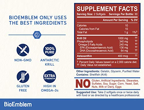 BioEmblem Antarctic Krill Oil Supplement | 1000mg | Omega-3 Oil with High Levels of EPA + DHA, Astaxanthin, and Phospholipids | No Fishy Aftertaste | 60-Count Non-GMO Softgels