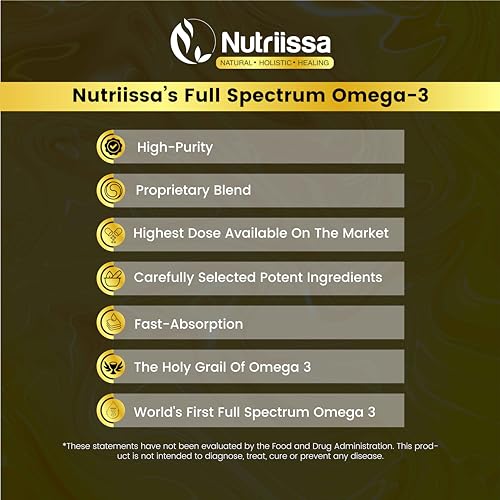 Nutriissa Omega 3 - Full Spectrum - 180 Count - High Concentrate Formula Fish Oil, Krill Oil, Cod Oil, Salmon Oil - Advanced Blend