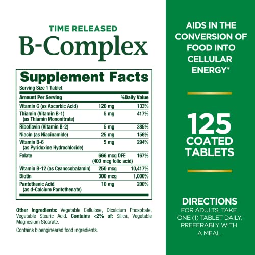 Nature's Bounty Vitamin B-Complex, Time Released Supplement with Folic Acid Plus Vitamin C, Supports Energy Metabolism and Nervous System Health, 125 Count