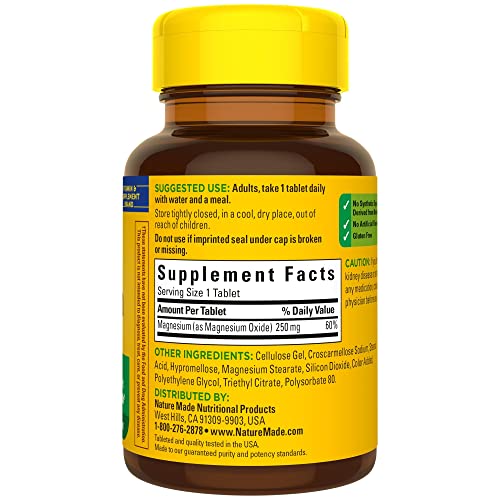 Nature Made Magnesium Oxide 250 mg, Magnesium Supplement for Muscle, Heart, Bone and Nerve Health Support, 100 Tablets, 100 Day Supply