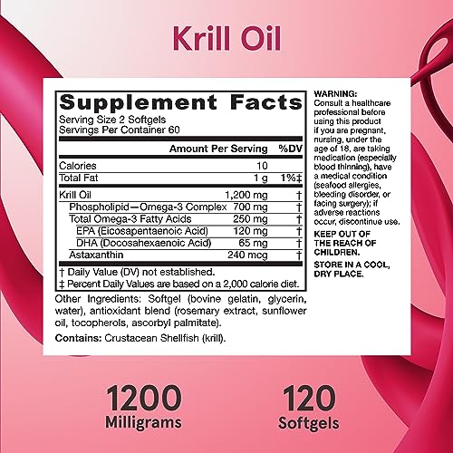 Jarrow Formulas Krill Oil - Phospholipid Omega-3 Complex with Astaxanthin - 120 Softgels - 60 Servings - Supports Lipid Management, Metabolism, Brain & Heart Health - EPA & DHA - Gluten Free - Non-GMO