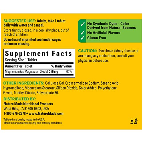 Nature Made Magnesium Oxide 250 mg, Magnesium Supplement for Muscle, Heart, Bone and Nerve Health Support, 200 Tablets, 200 Day Supply