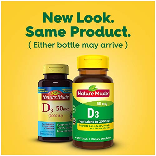 Nature Made Vitamin D3 2000 IU (50 mcg), Dietary Supplement for Bone, Teeth, Muscle and Immune Health Support, 90 Softgels, 90 Day Supply