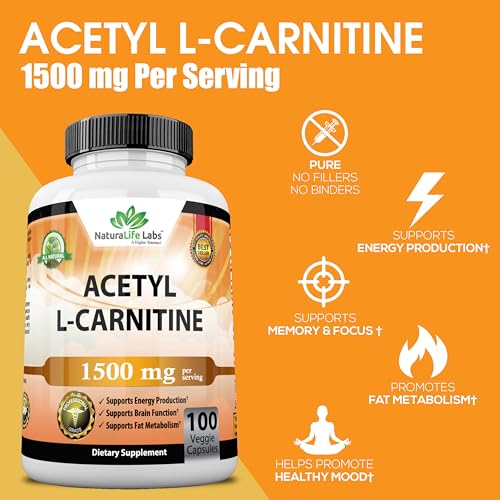 Acetyl L-Carnitine 1,500 mg High Potency Supports Natural Energy Production, Sports Nutrition, Supports Memory/Focus - 100 Veggie Capsules