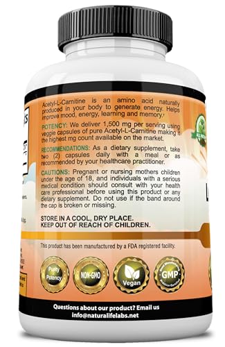 Acetyl L-Carnitine 1,500 mg High Potency Supports Natural Energy Production, Sports Nutrition, Supports Memory/Focus - 100 Veggie Capsules