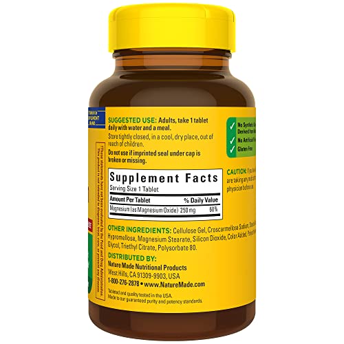 Nature Made Magnesium Oxide 250 mg, Magnesium Supplement for Muscle, Heart, Bone and Nerve Health Support, 200 Tablets, 200 Day Supply