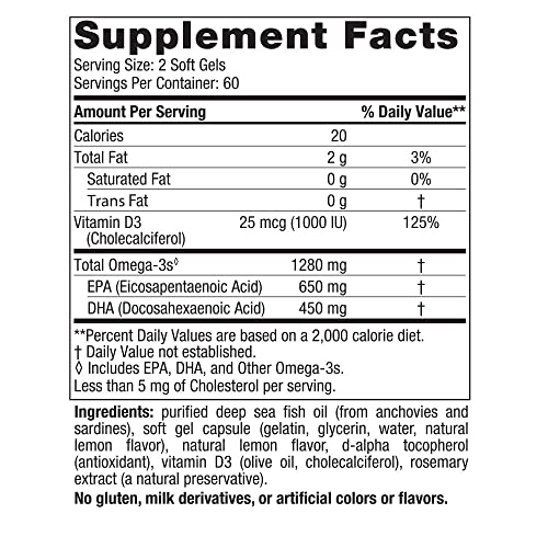 Nordic Naturals Ultimate Omega-D3, Lemon Flavor - 120 Soft Gels - 1280 mg Omega-3 + 1000 IU Vitamin D3 - Omega-3 Fish Oil - EPA & DHA - Promotes Brain, Heart, Joint, & Immune Health - 60 Servings