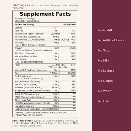 Nature's Bounty Advanced Hair, Skin & Nails, Argan-Infused Vitamin Supplement with Biotin and Hyaluronic Acid, 150 Rapid Release Softgels