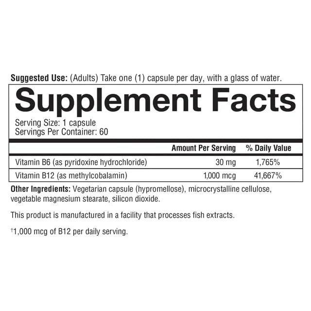 Youtheory Vitamin B12 B6, Daily Energy and Brain Support Supplement, Vegetarian Capsules, 60 ct