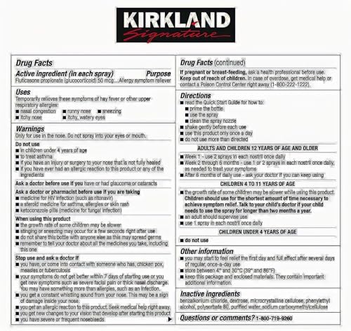 KIRKLAND SIGNATURE Aller-Flo Fluticasone Propionate (Glucorticoid) 5 Bottles x 120 Metered Sprays 0.54 Fl OZ per Bottle (15.8 mL x 5) 2.70 OZ Total (79 mL Total) 600 Total Sprays Total, 1-Pack