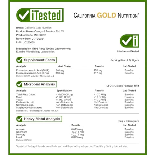 California Gold Nutrition Omega-3 Premium Fish Oil, Concentrated Formula with EPA & DHA, Support for Optimal Lipid Profile & Immune System, Gluten Free, Non-GMO, 100 Fish Gelatin Softgels