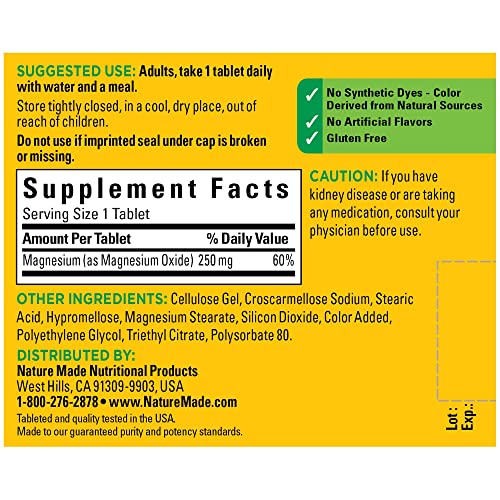 Nature Made Magnesium Oxide 250 mg, Magnesium Supplement for Muscle, Heart, Bone and Nerve Health Support, 100 Tablets, 100 Day Supply