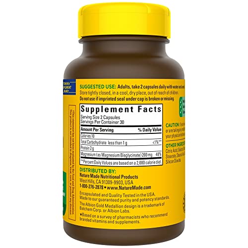 Nature Made Magnesium Glycinate 200 mg per serving, Magnesium Supplement for Muscle, Heart, Nerve and Bone Support, 60 Magnesium Bisglycinate Capsules, 30 Day Supply