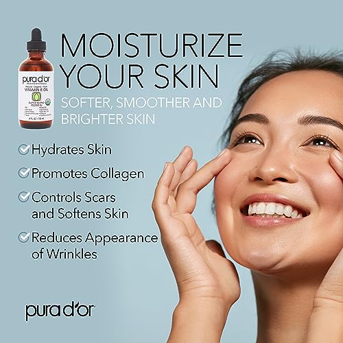 PURA D'OR 4 Oz ORGANIC Vitamin E Oil Blend 70,000 IU - 100% Natural Hexane Free, Sweet Almond, Apricot, Jojoba, Argan, Rosehip, Sunflower & Avocado Bath Oil For Scars, Skin, Face & Full Body