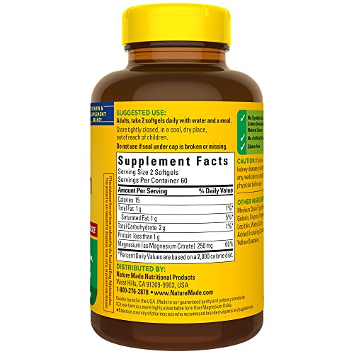 Nature Made Magnesium Citrate 250 mg per serving, Magnesium Supplement for Muscle, Nerve, Bone and Heart Support, 120 Softgels, 60 Day Supply