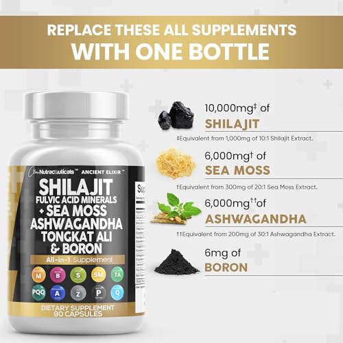 Shilajit Supplement 10,000mg with Sea Moss 6000mg, Ashwagandha 6000mg, Tongkat Ali, Boron, Magnesium - Fulvic Acid Capsules for Men - 90 Count