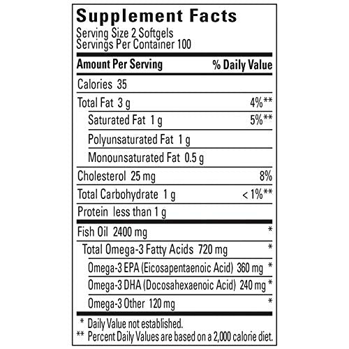 Nature Made Burp Less Omega 3 Fish Oil Softgels - 1200 mg Omega 3 Supplement for Heart Health, 200 Softgels, 100 Day Supply