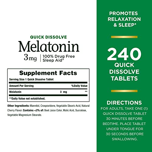 Nature’s Bounty Melatonin 3mg, 100% Drug Free Sleep Aids for Adults, Supports Relaxation and Sleep, Dietary Supplement, 240 Count (Cherry Flavour - Packaging May Vary)