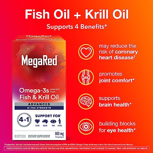 MegaRed Fish Oil + Krill Oil 900mg Omega 3 Supplement with EPA & DHA, Supports Heart, Brain, Joint and Eye Health, No Fishy Aftertaste - 60 Softgels (60 servings)