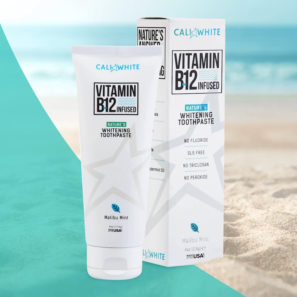 Cali White Flouride Free Natural Whitening Toothpaste, Infused with Vitamin B12 Teeth Whitening Toothpaste, Vegan Toothpaste, Triclosan Free, Peroxide Free, SLS Free, Pacific Mint, 4 Ounce (1 Pack)