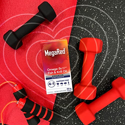 MegaRed Fish Oil + Krill Oil 900mg Omega 3 Supplement with EPA & DHA, Supports Heart, Brain, Joint and Eye Health, No Fishy Aftertaste - 60 Softgels (60 servings)
