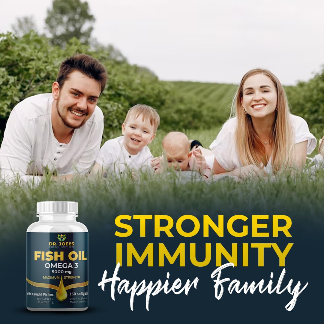Dr JOEL's Fish Oil Omega 3 5000mg - No Fishy Burp - High DHA 2000mg, EPA 1500mg - 150 Softgels - Non GMO - Made in The USA