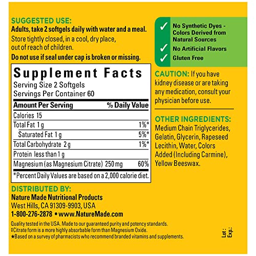 Nature Made Magnesium Citrate 250 mg per serving, Magnesium Supplement for Muscle, Nerve, Bone and Heart Support, 120 Softgels, 60 Day Supply