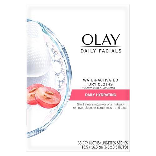 Olay Daily Facials, Daily Clean Makeup Removing Facial Cleansing Wipes, 5-in-1 Water Activated Cloths, Exfoliates, Tones and Hydrates Skin, 66 count