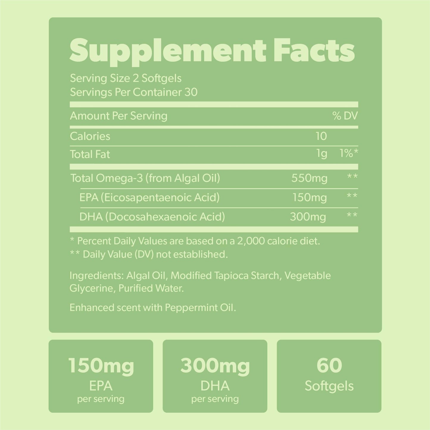 Vegan Omega 3 Supplement - Plant Based DHA & EPA Fatty Acids - Carrageenan Free, Alternative to Fish Oil, Supports Heart, Brain, Joint Health - Sustainably Sourced Algae - 60 Softgels