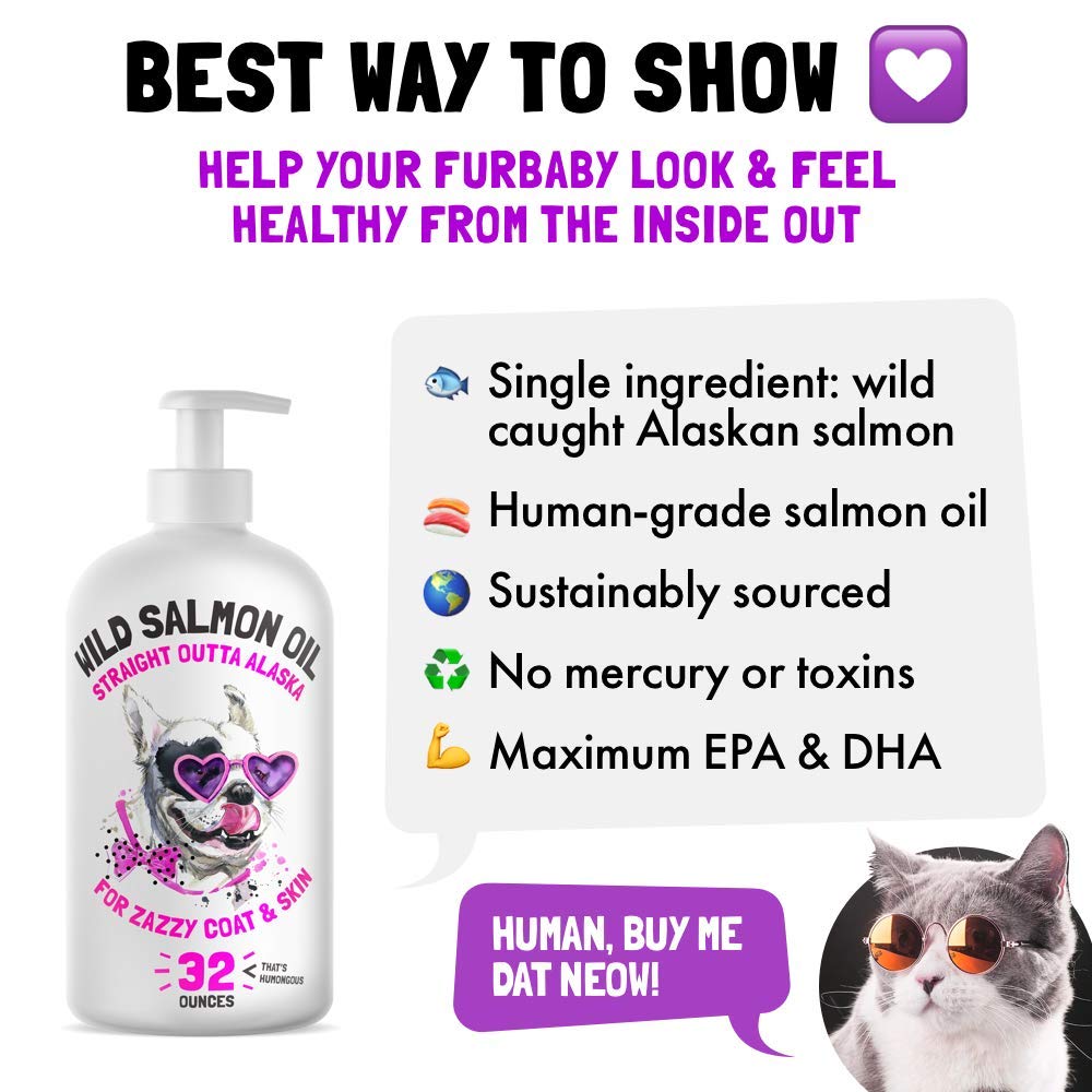 Wild Alaskan Salmon Oil for Dogs & Cats - Pure Fish Omega 3 6 9 Liquid EPA DHA Fatty Acids - Skin & Coat Supplement - Supports Joint Function, Brain, Eye, Immune & Heart Health - Made in USA 32 oz