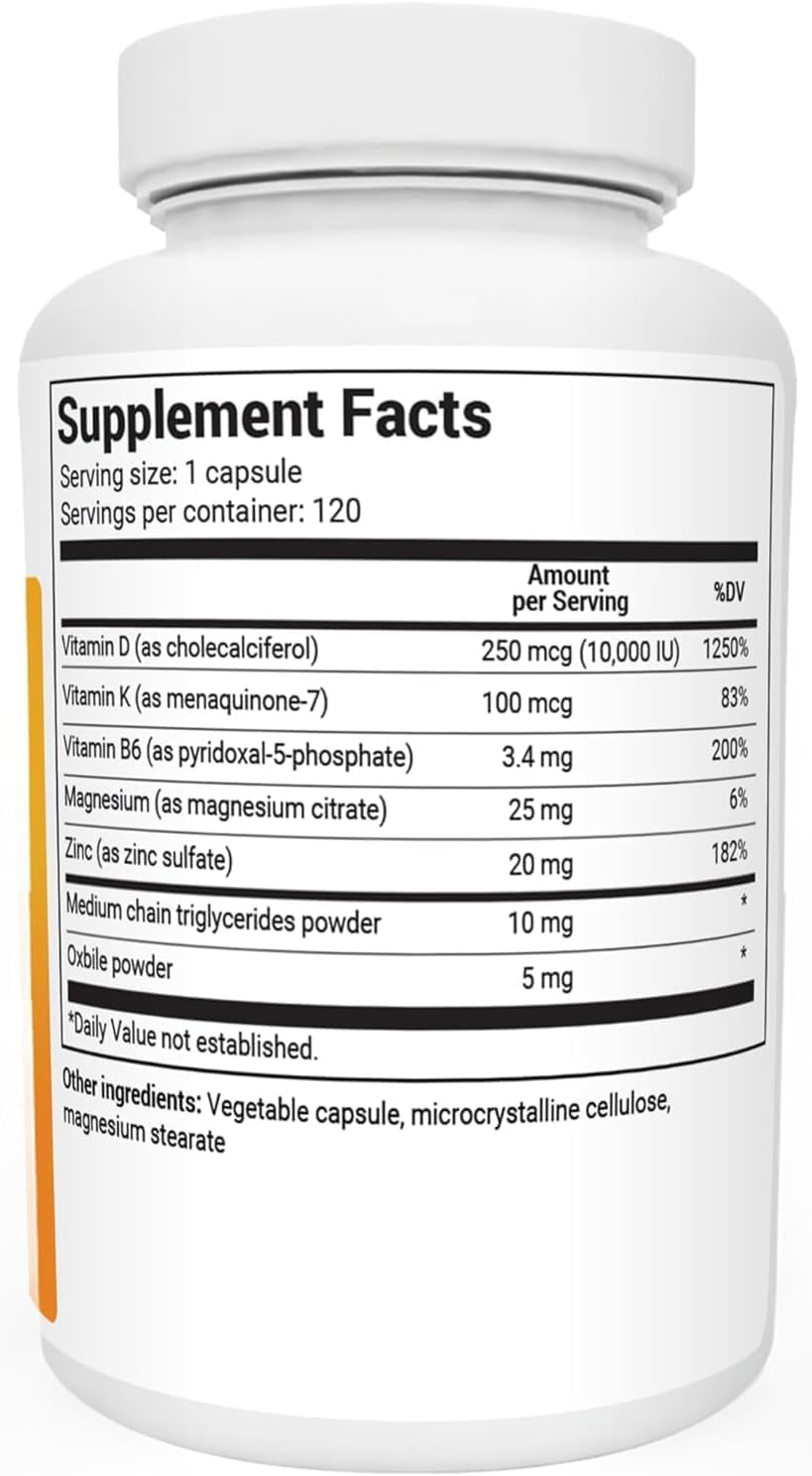 Dr. Berg Vitamin D3 K2 w/MCT Powder - Includes 10,000 IU of Vitamin D3, 100 mcg MK7 Vitamin K2, Purified Bile Salts, Zinc & Magnesium for Ultimate Absorption - K2 D3 Vitamin Supplement - 120 Capsule