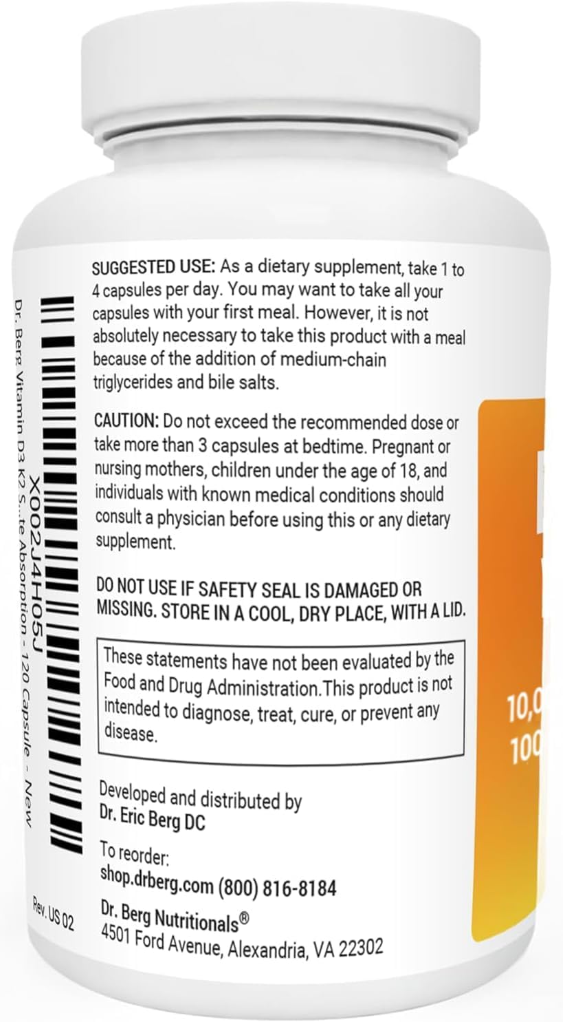 Dr. Berg Vitamin D3 K2 w/MCT Powder - Includes 10,000 IU of Vitamin D3, 100 mcg MK7 Vitamin K2, Purified Bile Salts, Zinc & Magnesium for Ultimate Absorption - K2 D3 Vitamin Supplement - 120 Capsule