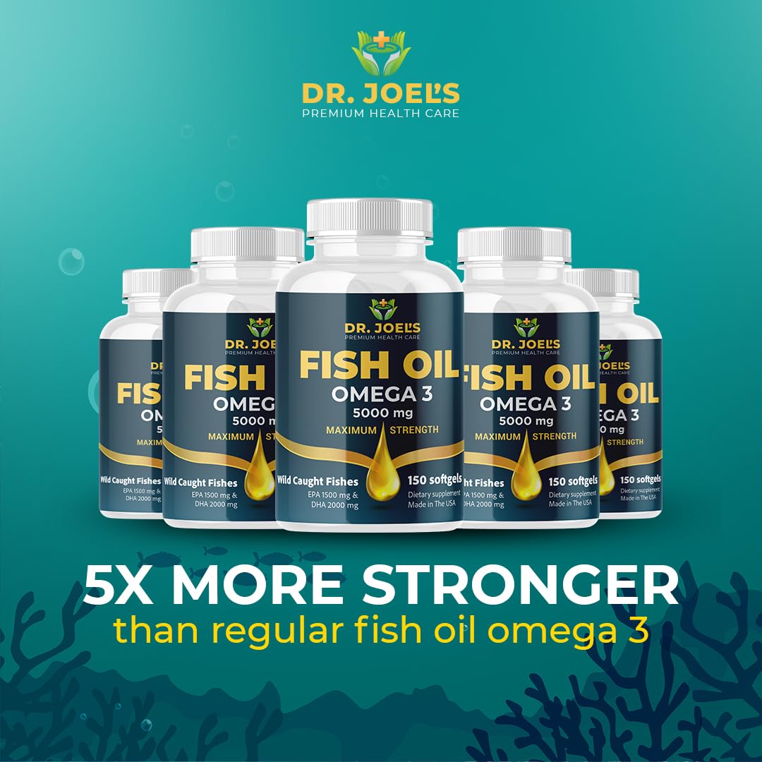 Dr JOEL's Fish Oil Omega 3 5000mg - No Fishy Burp - High DHA 2000mg, EPA 1500mg - 150 Softgels - Non GMO - Made in The USA