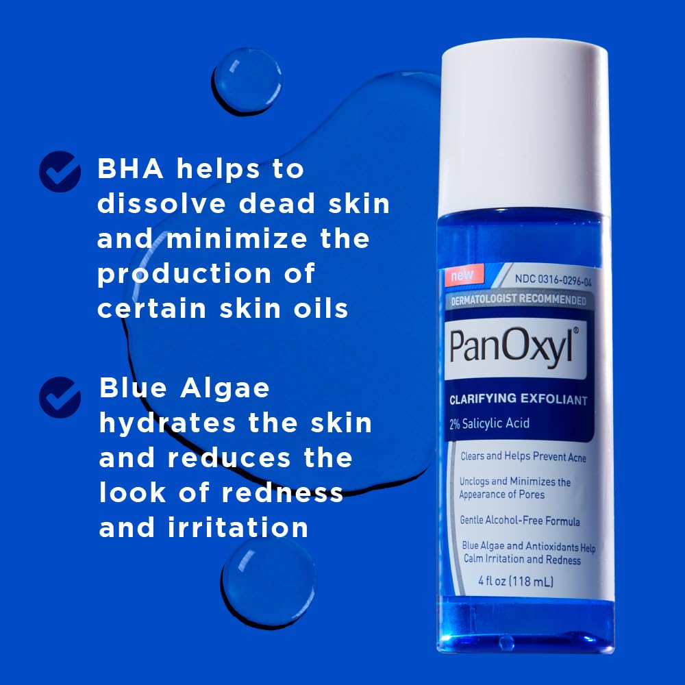 PanOxyl Clarifying Exfoliant with 2% Salicylic Acid, BHA Liquid Exfoliant for Face, Unclogs and Minimizes Appearance of Pores, Blue Algae & Antioxidants Help Calm Redness, For Acne Prone Skin, 4 fl oz