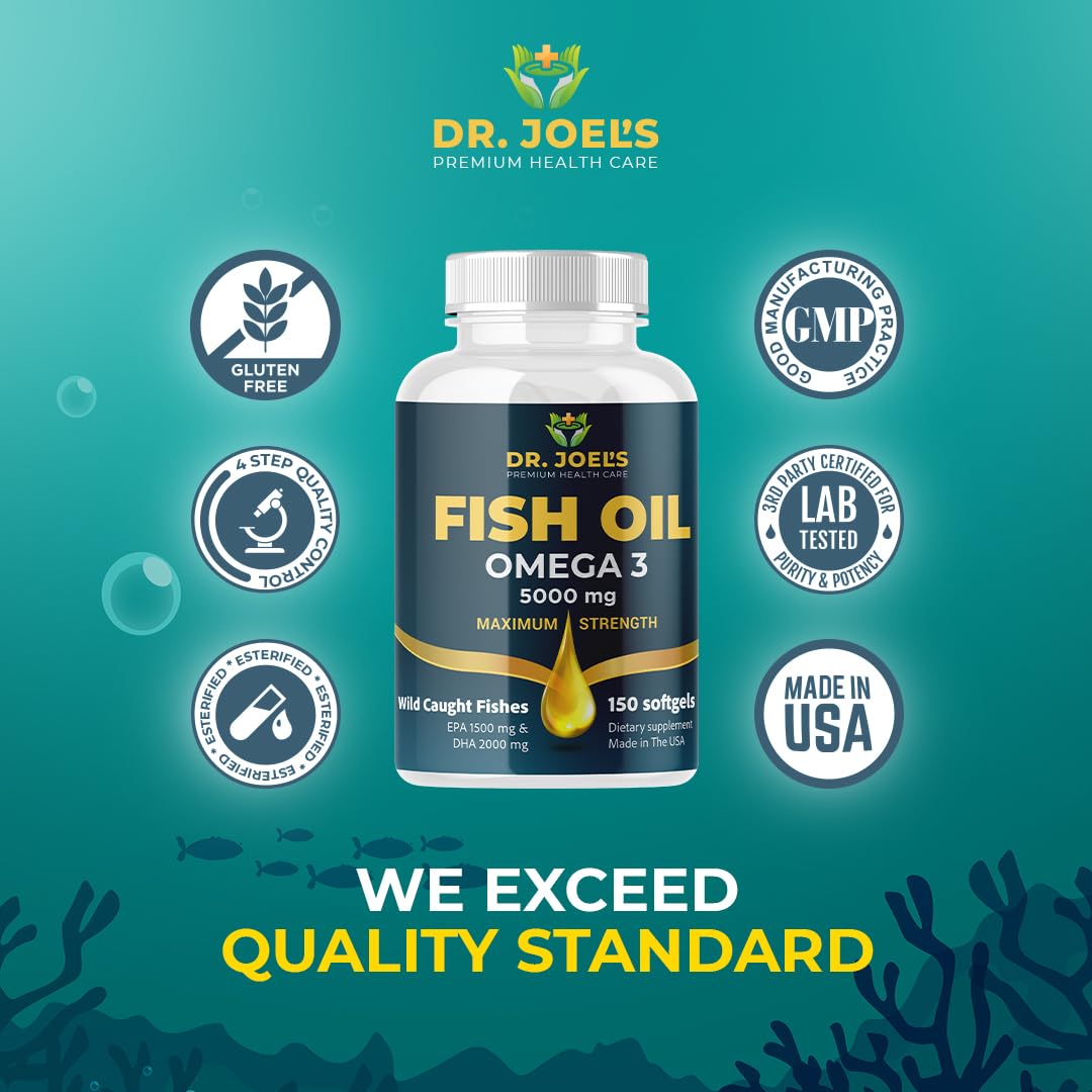 Dr JOEL's Fish Oil Omega 3 5000mg - No Fishy Burp - High DHA 2000mg, EPA 1500mg - 150 Softgels - Non GMO - Made in The USA