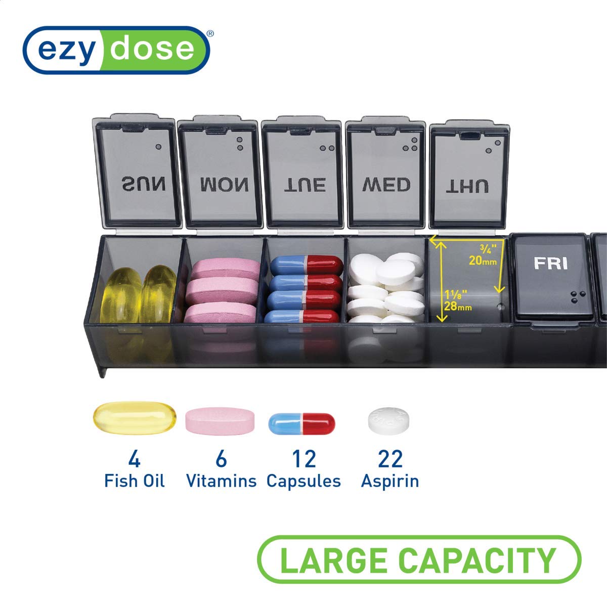 EZY DOSE Weekly (7-Day) Pill Case, Medicine Planner, Vitamin Organizer Box, Convenient and Easy to Use, Large Compartments, Travel Friendly, Black, Made in the USA, BPA Free