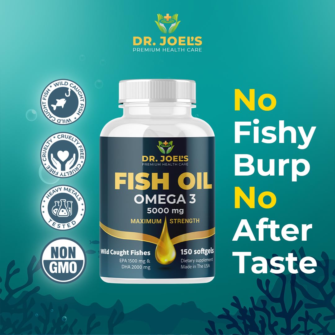 Dr JOEL's Fish Oil Omega 3 5000mg - No Fishy Burp - High DHA 2000mg, EPA 1500mg - 150 Softgels - Non GMO - Made in The USA