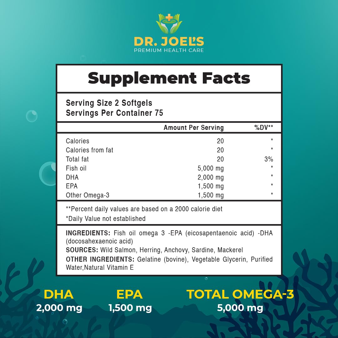 Dr JOEL's Fish Oil Omega 3 5000mg - No Fishy Burp - High DHA 2000mg, EPA 1500mg - 150 Softgels - Non GMO - Made in The USA