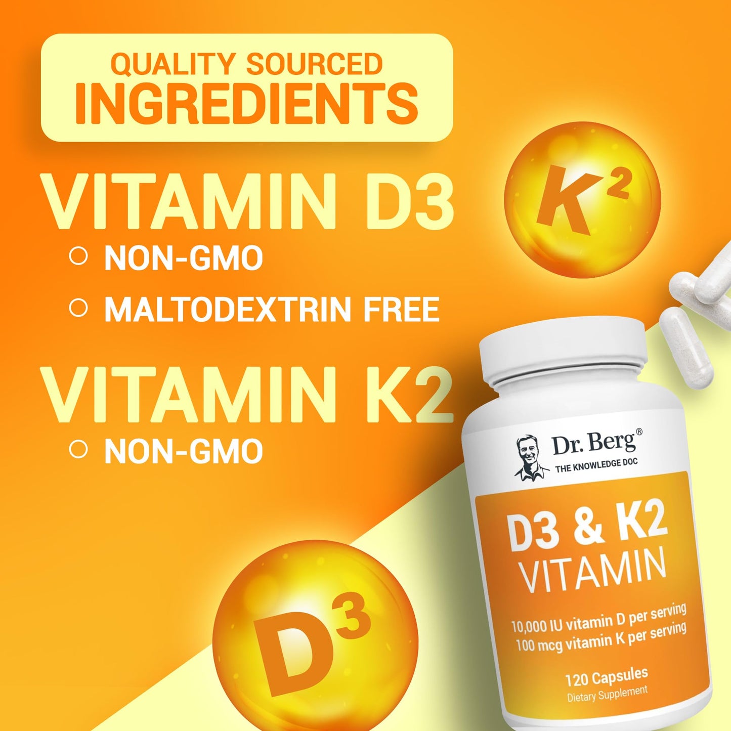 Dr. Berg Vitamin D3 K2 w/MCT Powder - Includes 10,000 IU of Vitamin D3, 100 mcg MK7 Vitamin K2, Purified Bile Salts, Zinc & Magnesium for Ultimate Absorption - K2 D3 Vitamin Supplement - 120 Capsule
