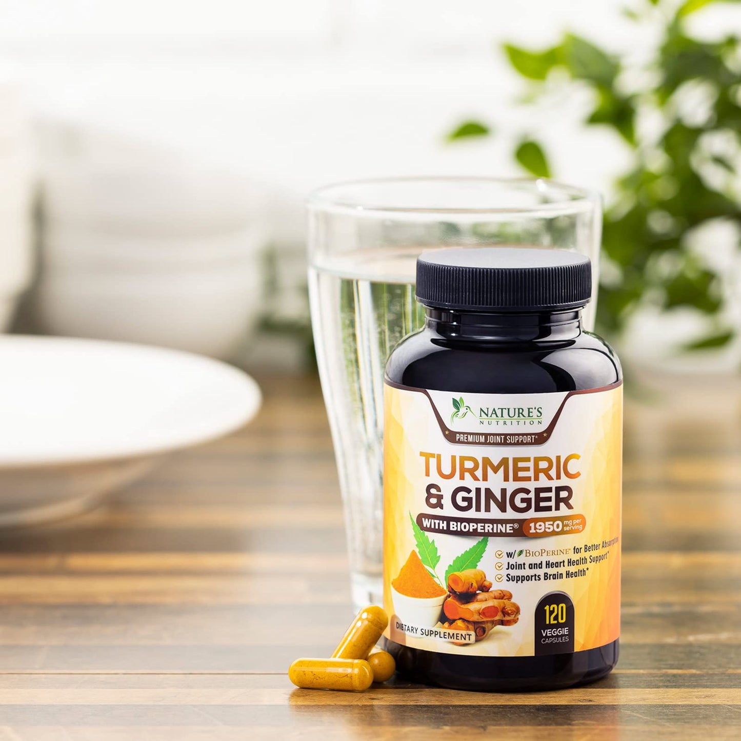 Turmeric Curcumin with BioPerine & Ginger 95% Curcuminoids 1950mg - Black Pepper Extract for Max Absorption, Nature's Joint Support Supplement, Herbal Turmeric Pills, Vegan Non-GMO - 120 Capsules