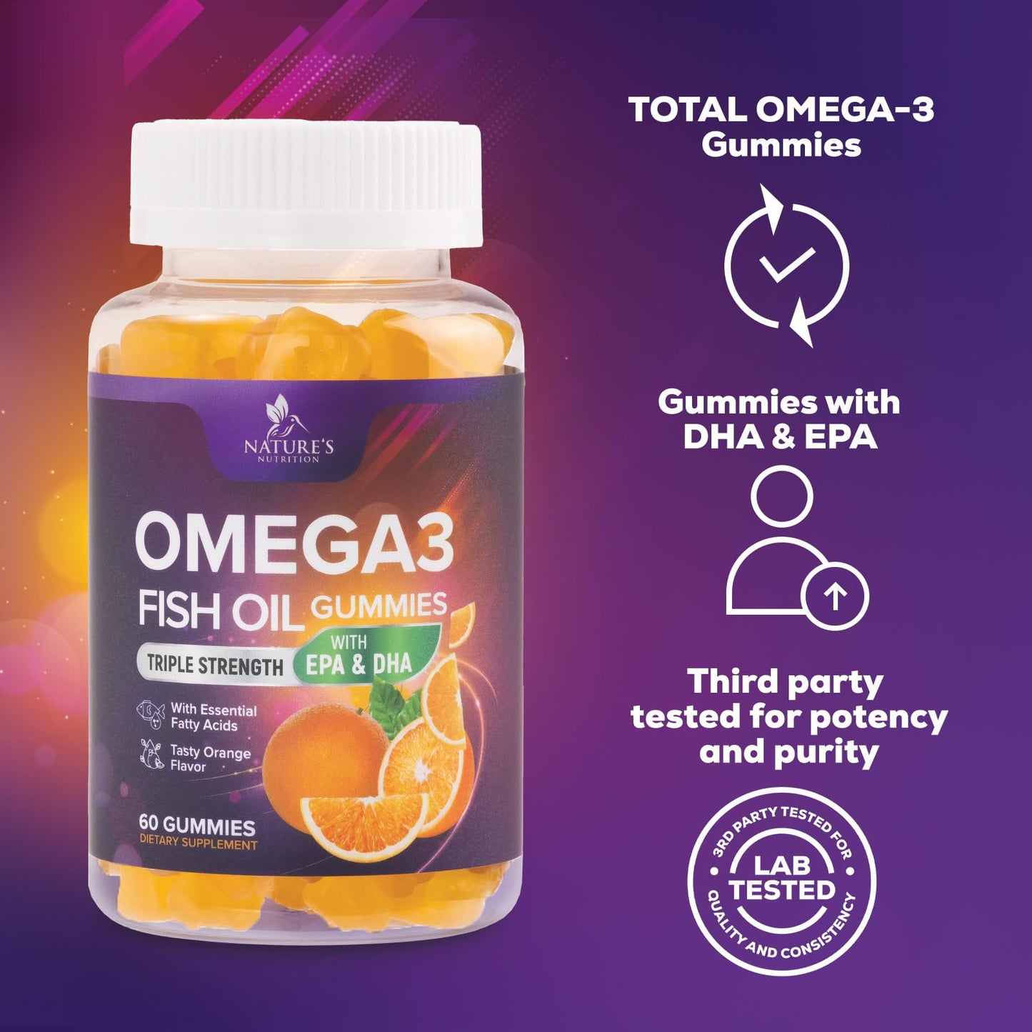 Omega 3 Gummies for Adults, Omega-3 Fish Oil Gummies for Heart Support, Omega 3 Supplement High Absorption DHA & EPA, Joint & Brain Support, Nature's Fish Oil Omega 3 Gummies Vitamins - 60 Gummies