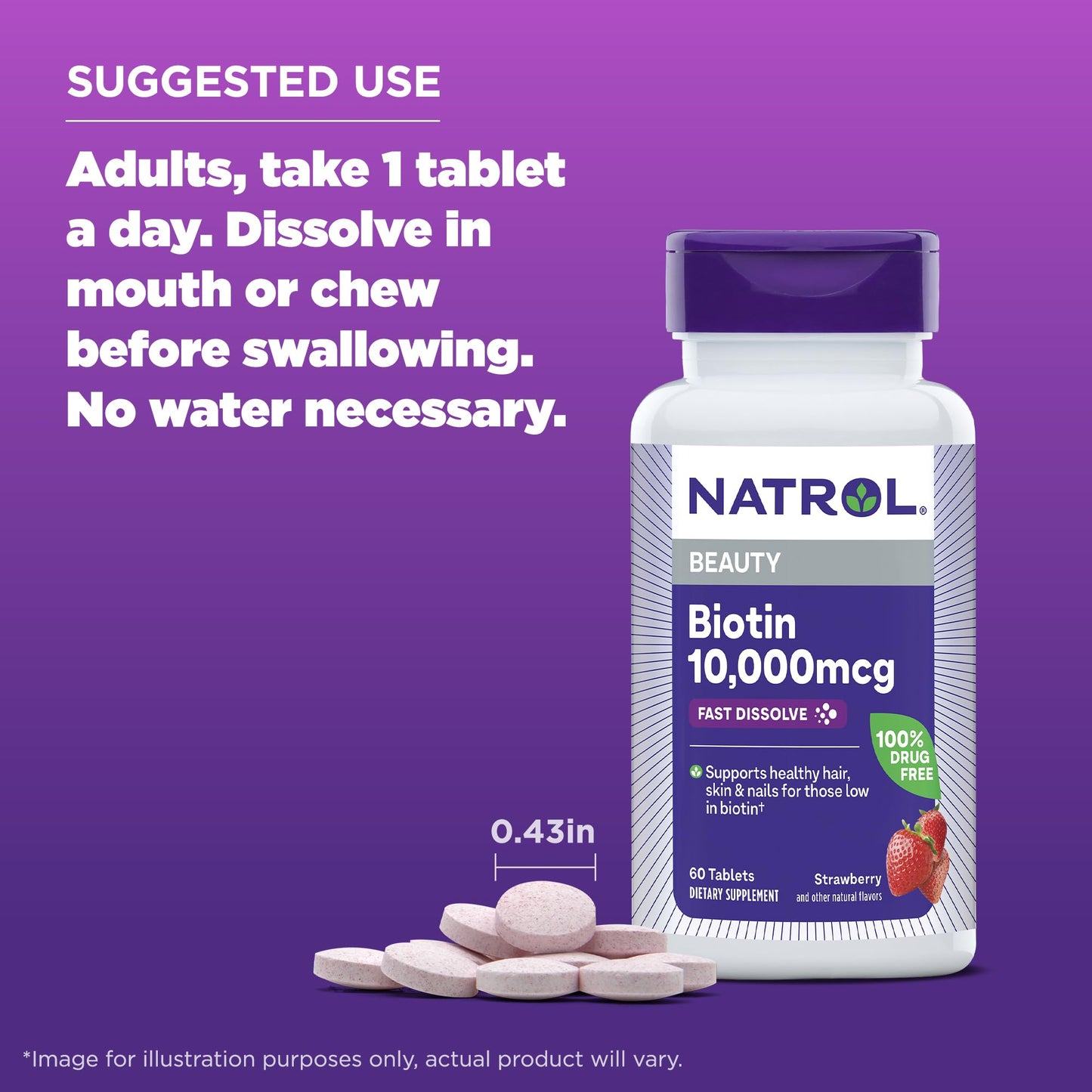 Natrol Beauty Biotin 10000mcg, Dietary Supplement for Healthy Hair, Skin, Nails and Energy Metabolism, 60 Strawberry-Flavored Fast Dissolve Tablets, 60 Day Supply