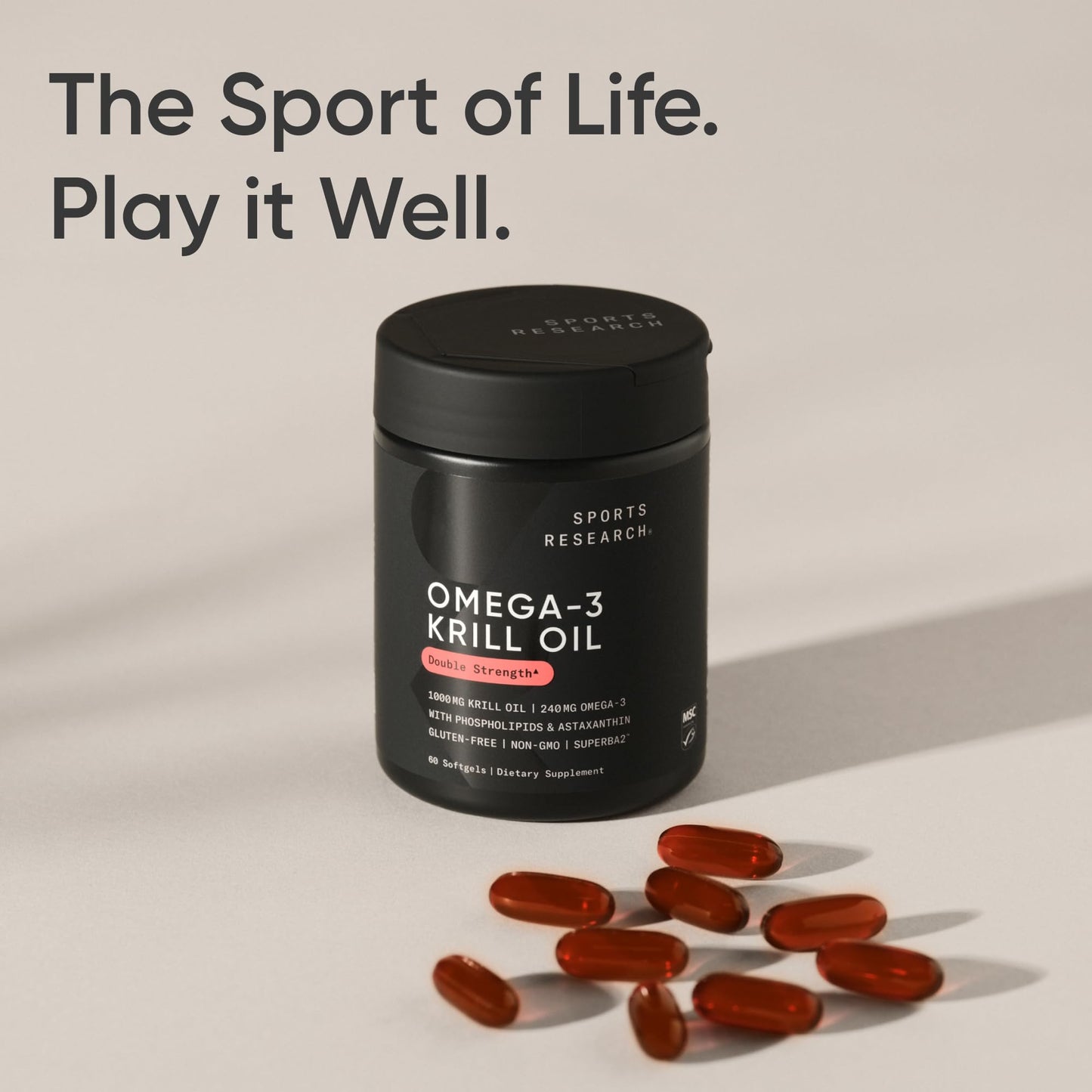 Sports Research Antarctic Krill Oil Omega 3 Softgels 1000mg (Double Strength) with Phospholipids, Choline & Astaxanthin - Sustainably Sourced, Non-GMO Verified & Gluten Free - 60 Capsules