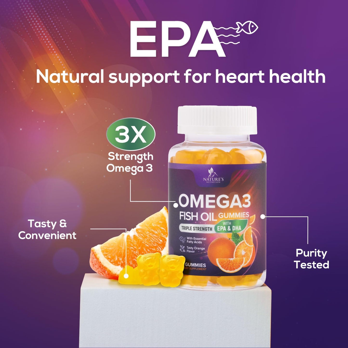 Omega 3 Gummies for Adults, Omega-3 Fish Oil Gummies for Heart Support, Omega 3 Supplement High Absorption DHA & EPA, Joint & Brain Support, Nature's Fish Oil Omega 3 Gummies Vitamins - 60 Gummies