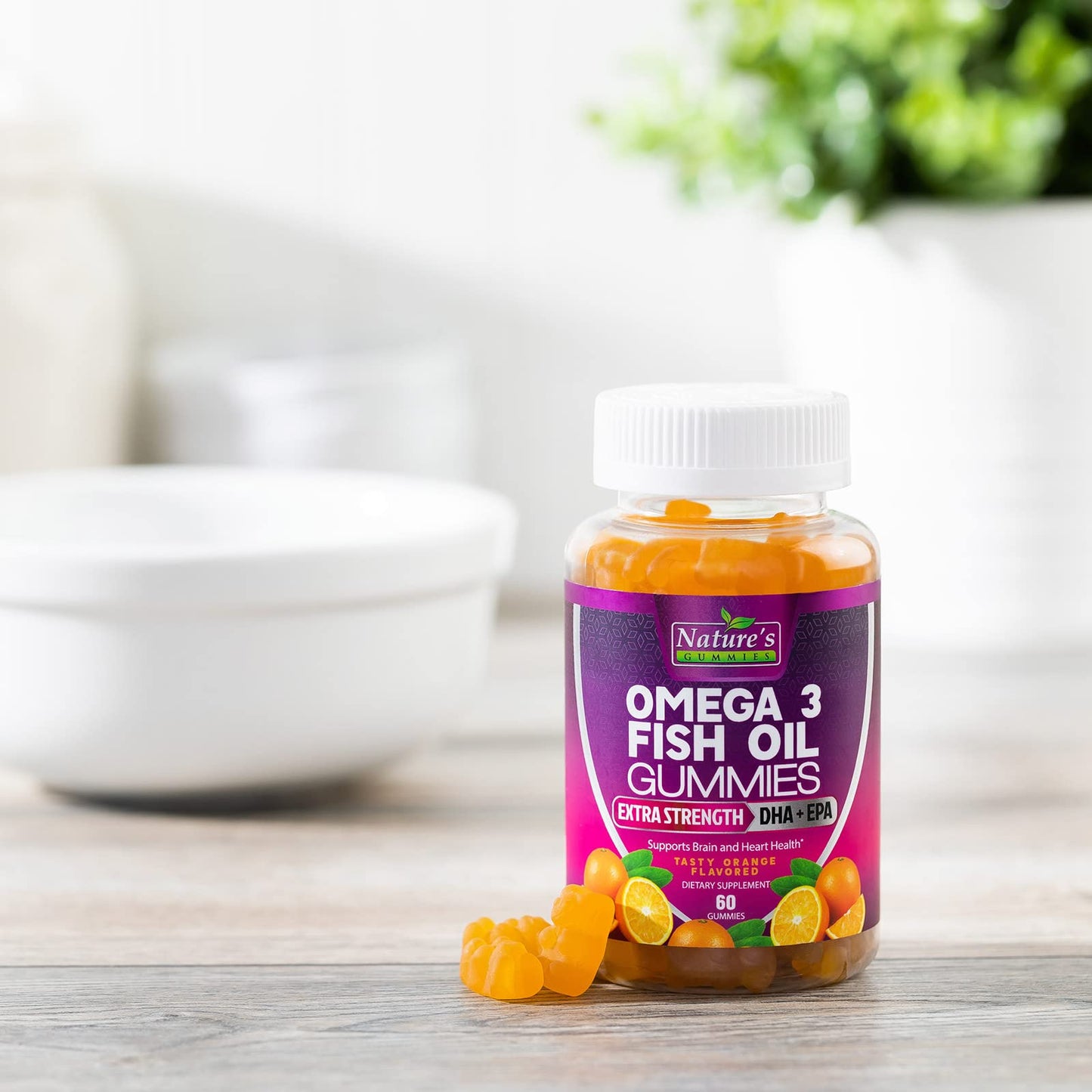 Omega 3 Fish Oil Gummies, Extra Strength Omega Fish Oil Supplement, High Absorption for Joint, Heart & Brain Support, Nature's Heart Healthy Omega 3s DHA EPA Gummy Vitamin, Orange Flavor - 60 Gummies