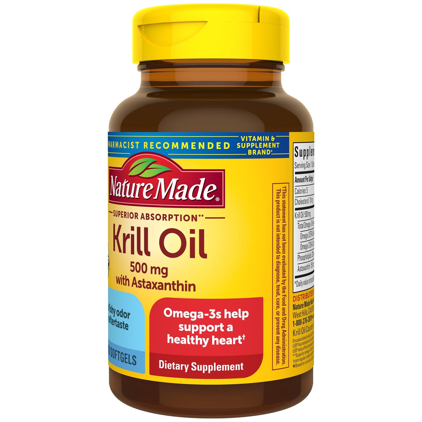 Nature Made Superior Absorption Krill Oil 500mg with Astaxanthin and Phospholipids, Omega 3s for Heart Health Support, 100 Softgels, 100 Day Supply